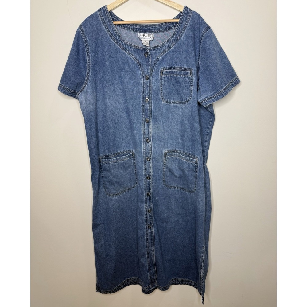 Vintage Denim Maxi Dress Medium Jean Chore Pockets Button Up Prairie Country M